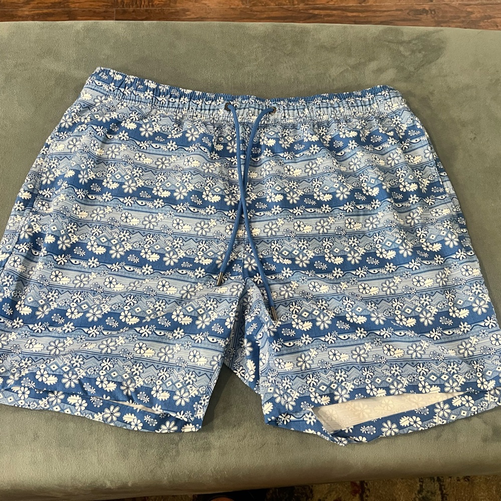 Men’s Mr. Swim swimming trunks. Blue flower design. Worn once. Size XXL.